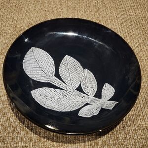 Vtg Craftsman China 196 Gray Leafy Plant On Glossy Black Made In Japan Bowl 12"